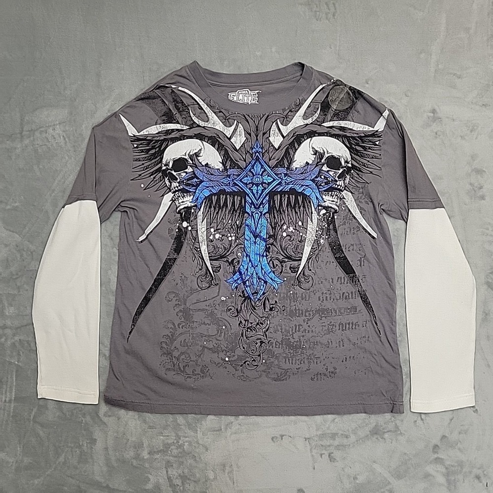 MMA Elite Shirt Men XL Gray Skull Cross Thermal Long Sleeve Y2K Grunge Fight